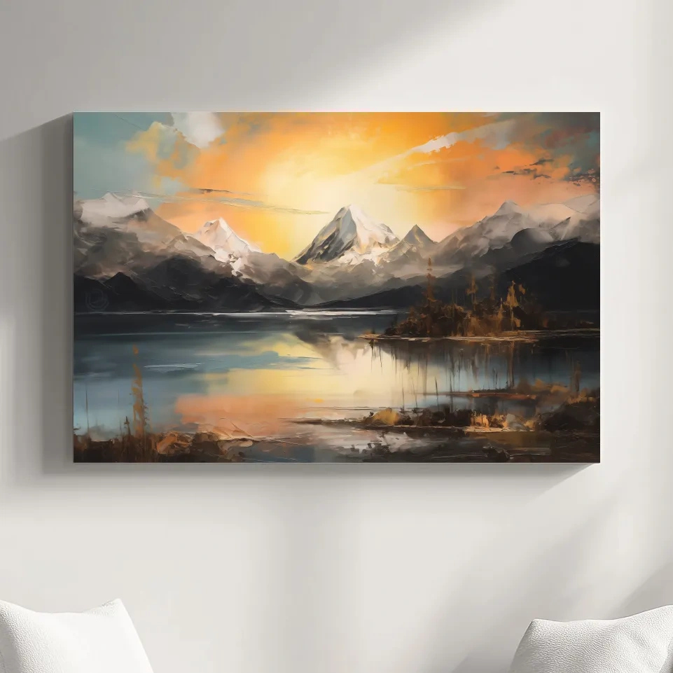 Alpine mountain sunrise over a tranquil lake, dramatic oil painting wall art