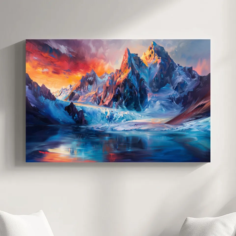Abstract painting of an alpine glacier lake at sunset, mountain wall art