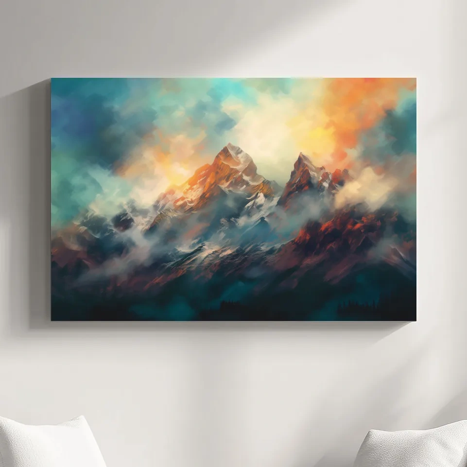 Colorful mountain sunrise artwork, peaks in the mist