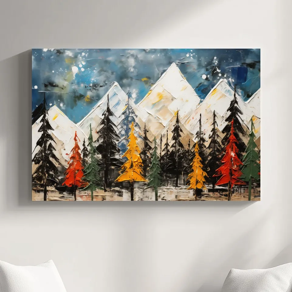 Thick abstract oil painting print, treeline by the mountains
