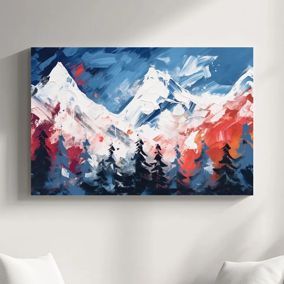 Bold rustic abstract mountain artwork, vibrant brushstroke painting of snowy peaks and forest