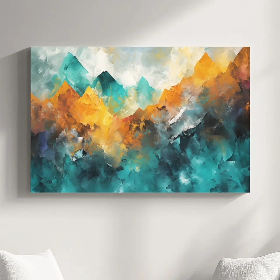 Abstract mountain painting, vibrant colorful wall art