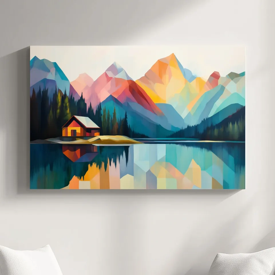 Colorful mountain cabin artwork, geometric landscape wall art