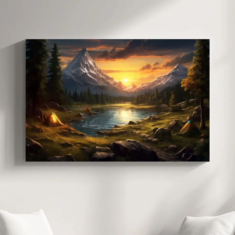 Painting of an alpine campsite by a lake at sunset, serene wall artwork