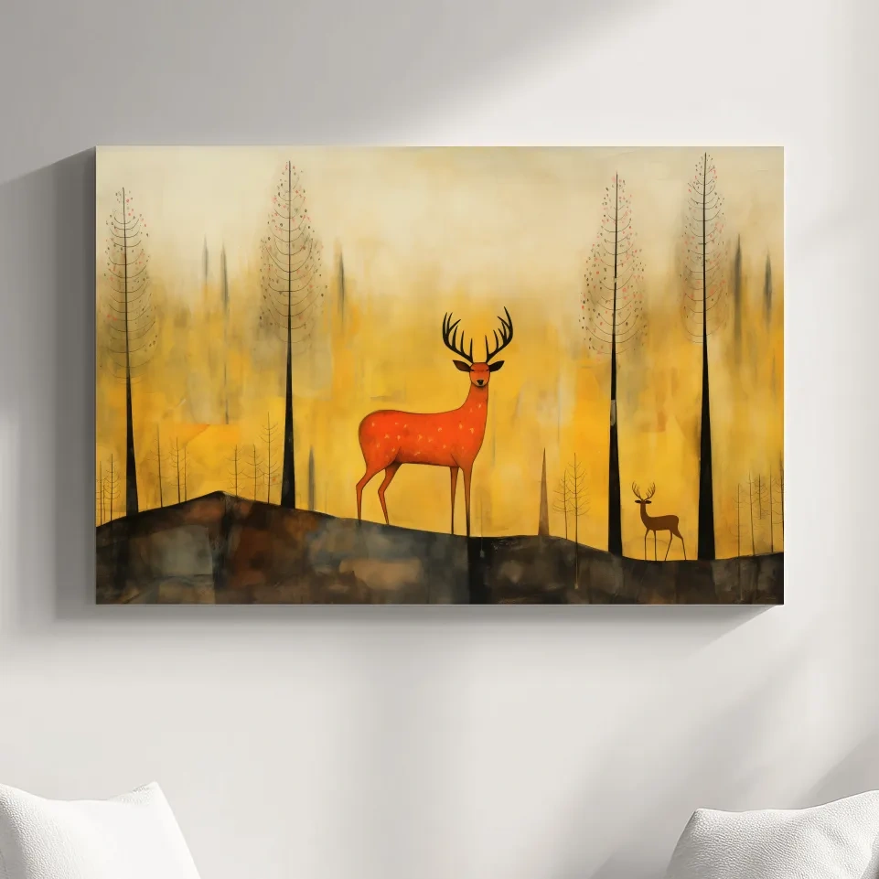 Quirky illustration art of a deer in the forest, whimsical animal artwork