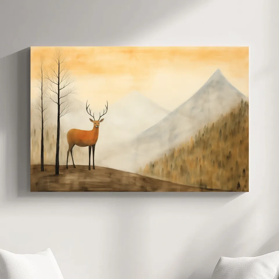 Deer standing in mountain mist, serene landscape wall artwork