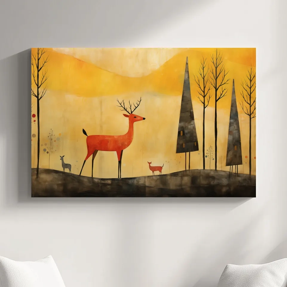 Red deer in an autumn forest landscape, quirky painting artwork