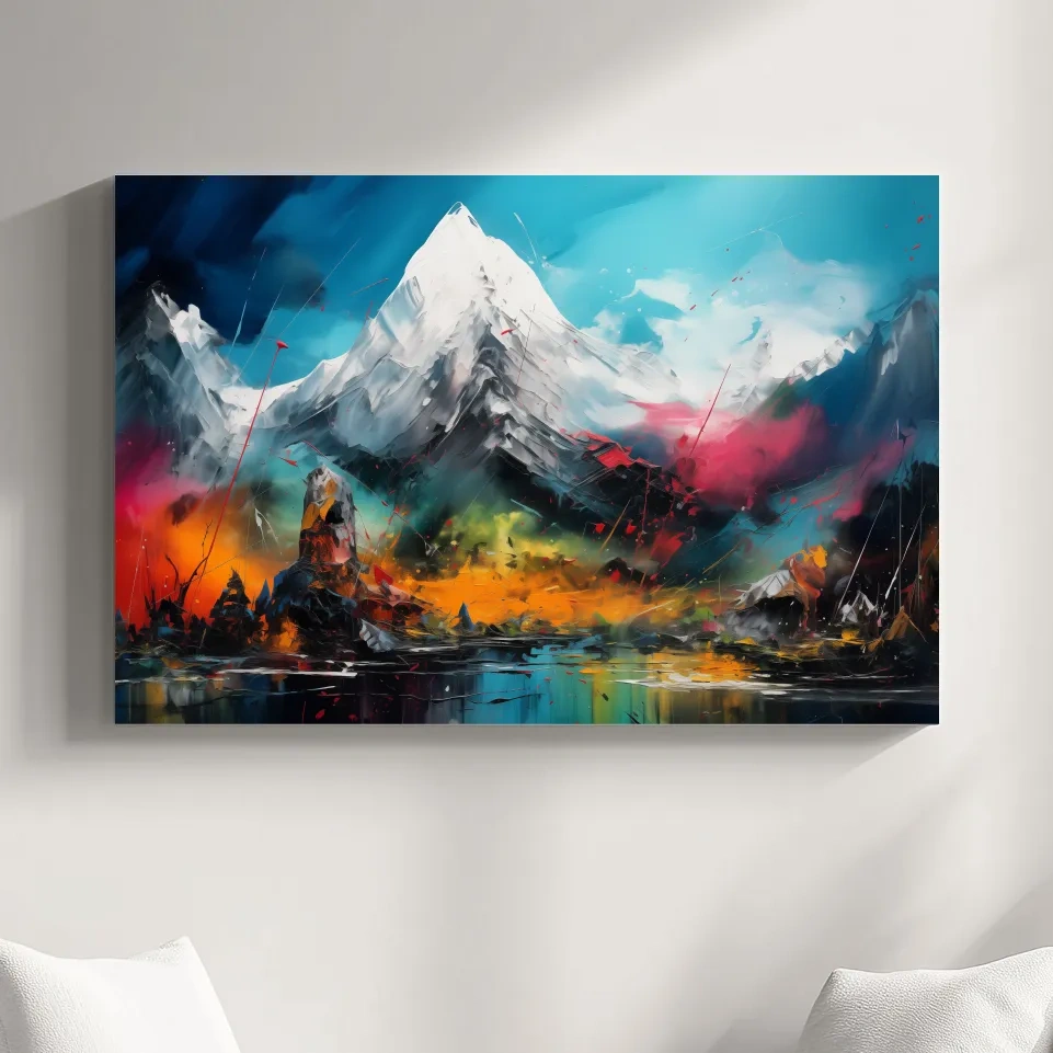 Abstract vibrant mountain wall art, impasto painting effect