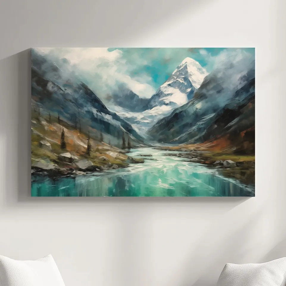 Impressionist style painting of alpine meadows, glacier and lake