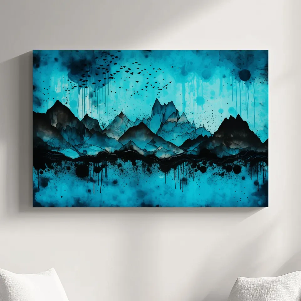 Abstract mountain landscape artwork, watercolor ink splatter design