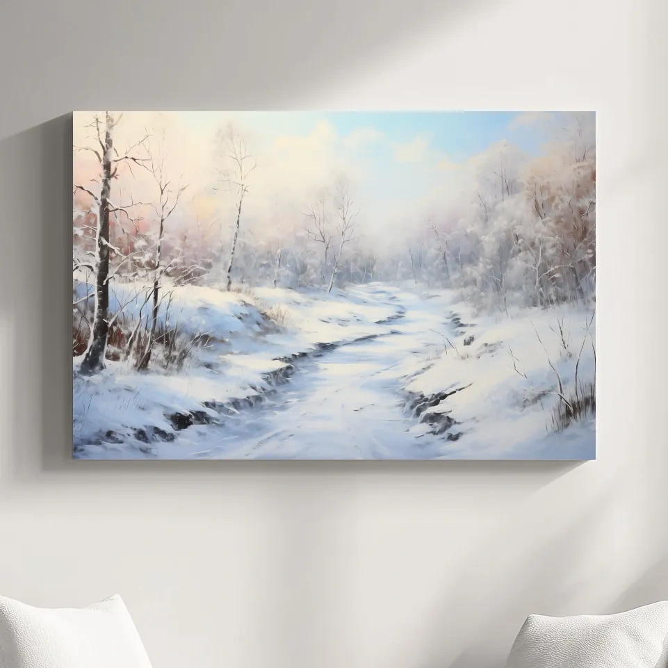 Winter landscape artwork, serene snowy forest path with soft pastel sky