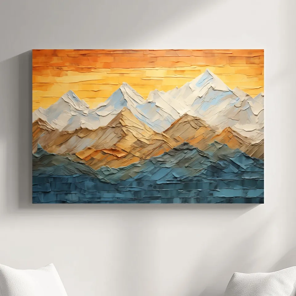 Glacier sunset mountain art, textured pallet knife painting effect