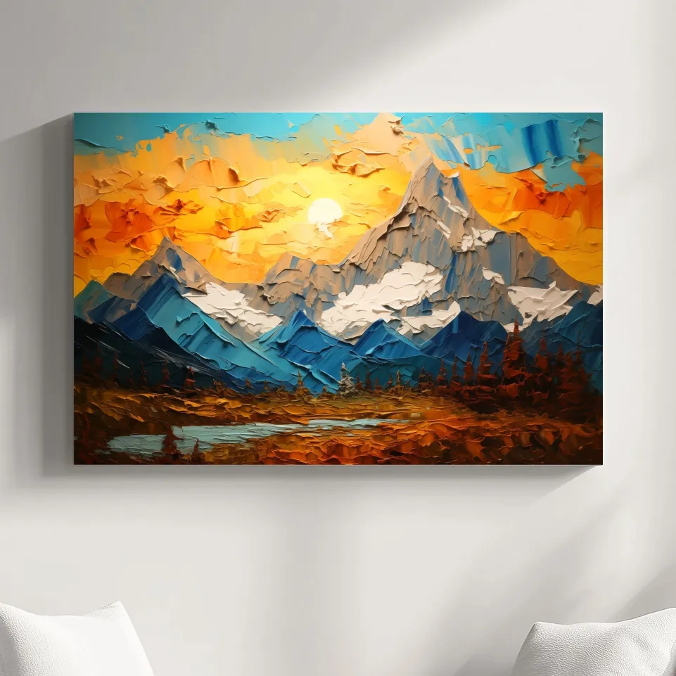 Colorful sunset mountain art, thick textured palette knife painting effect print