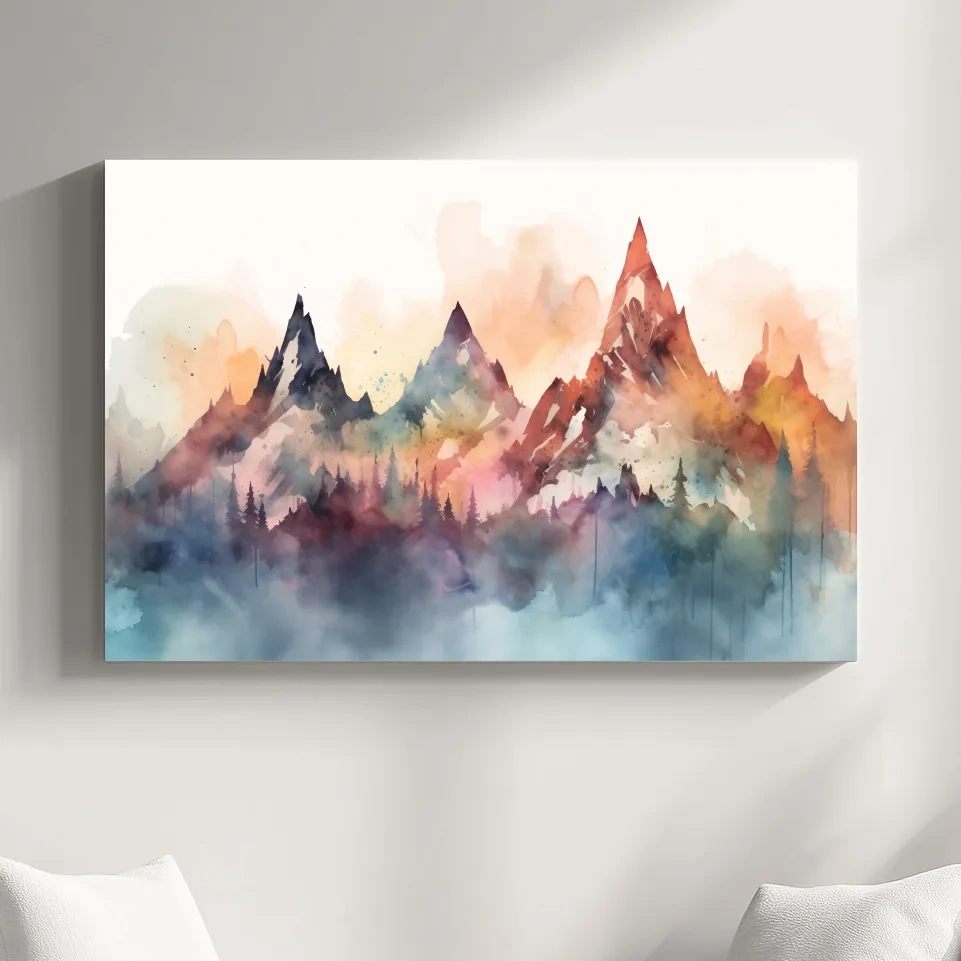 Colorful watercolor mountain wall art, serene misty landscape painting
