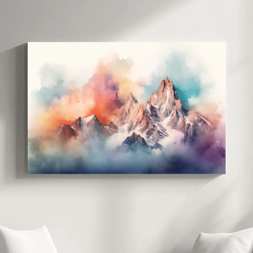 Vibrant Watercolor Alpine Mountain Peaks - Colorful Misty Artwork