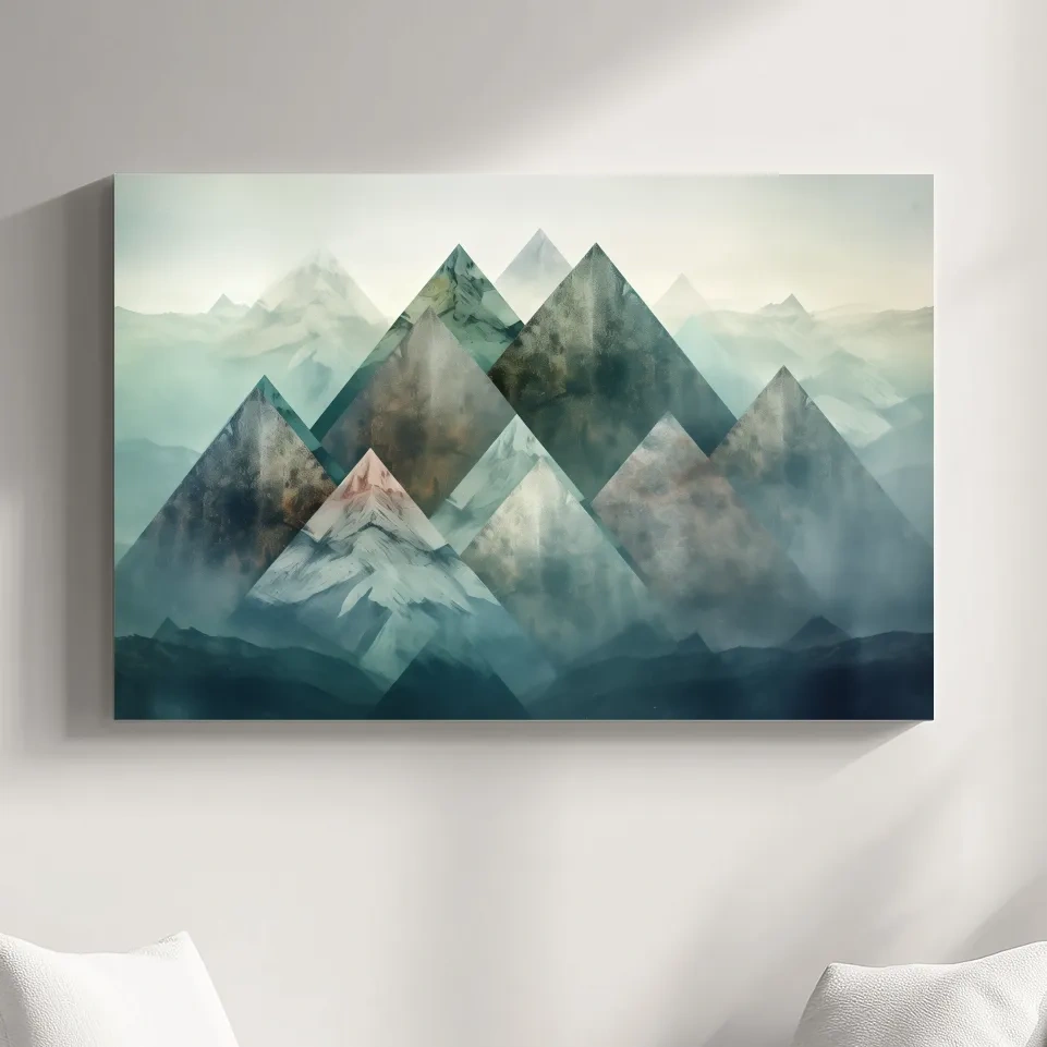 Mystical mountain landscape artwork, layered geometric peaks in misty hues