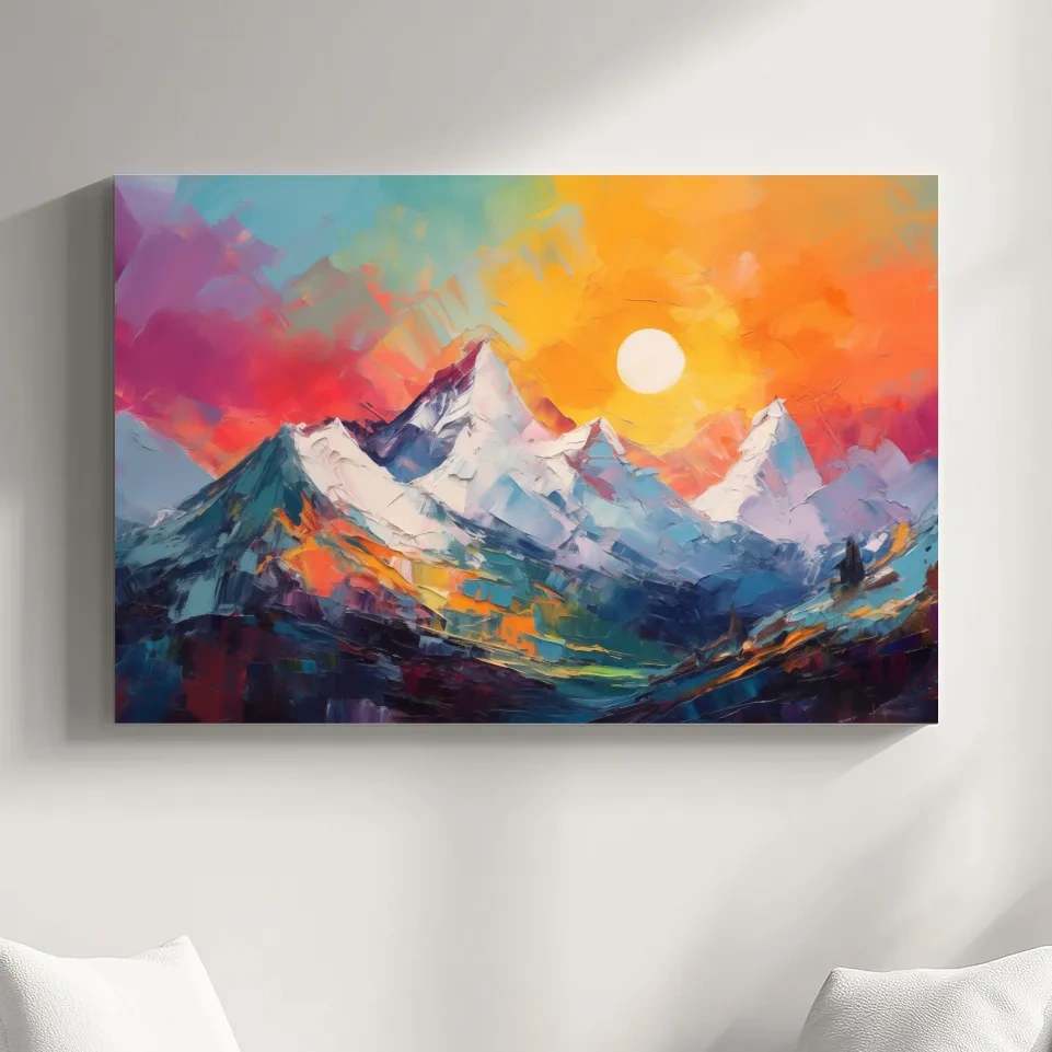 Colorful abstract mountain wall art, vibrant sunset oil painting print