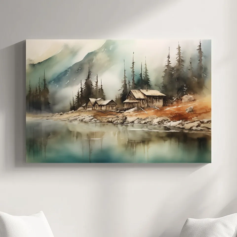 Rustic alpine mountain lake cabins, watercolor style landscape wall art