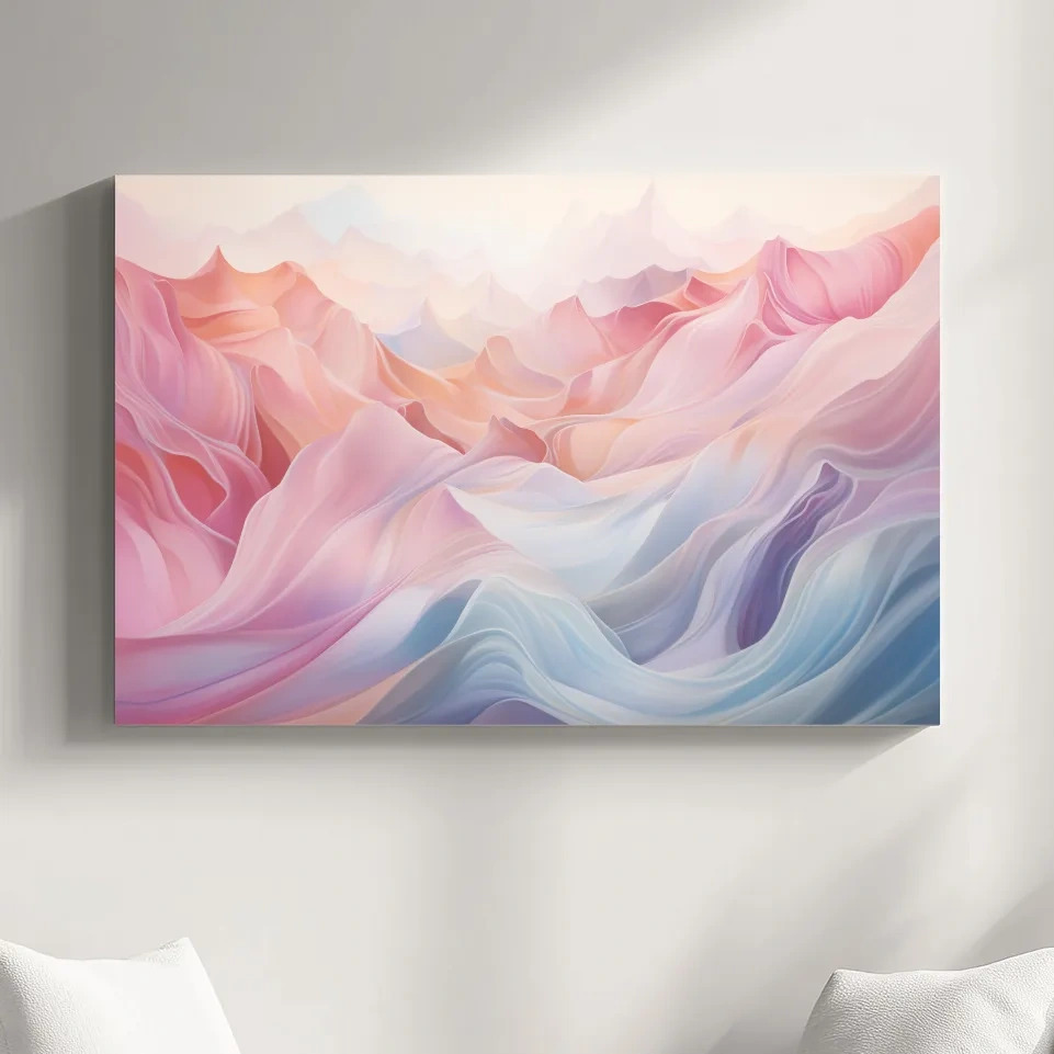 Soft pastel abstract mountain landscape artwork, flowing abstract waves in pink and blue tones