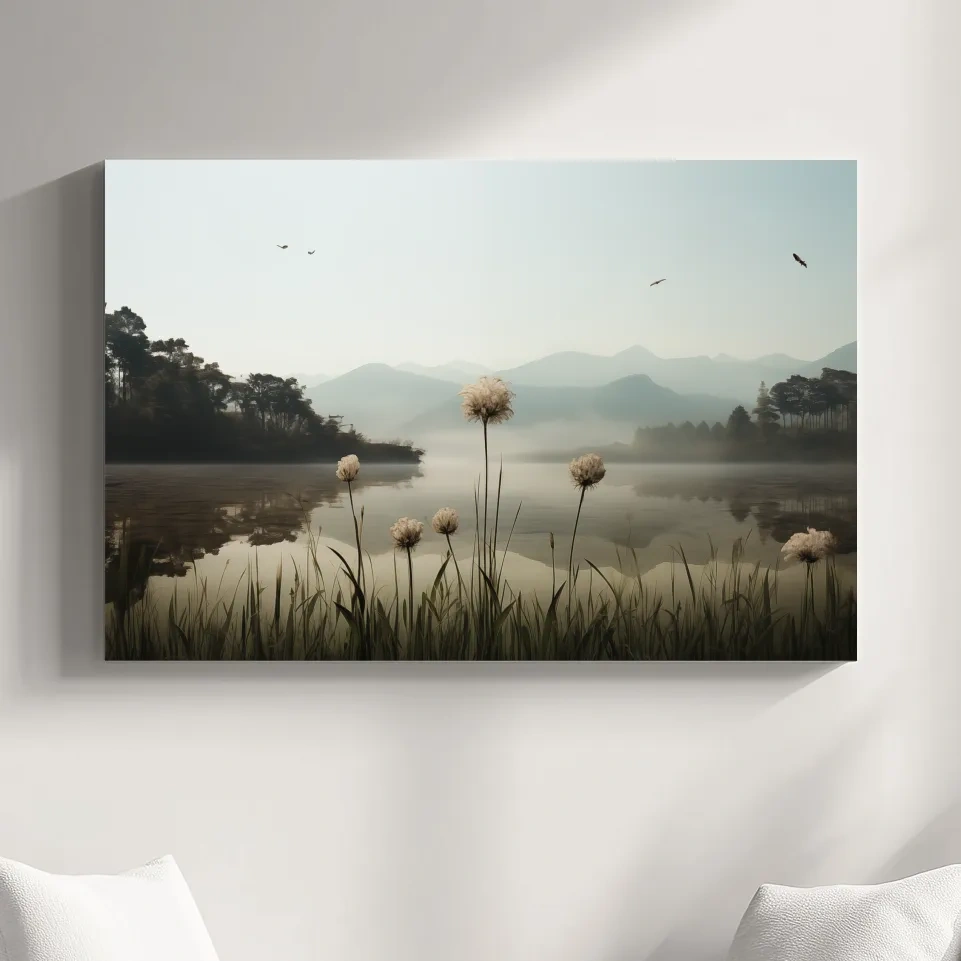 Misty Lake Painting With Wildflowers - Serene Landscape Wall Art