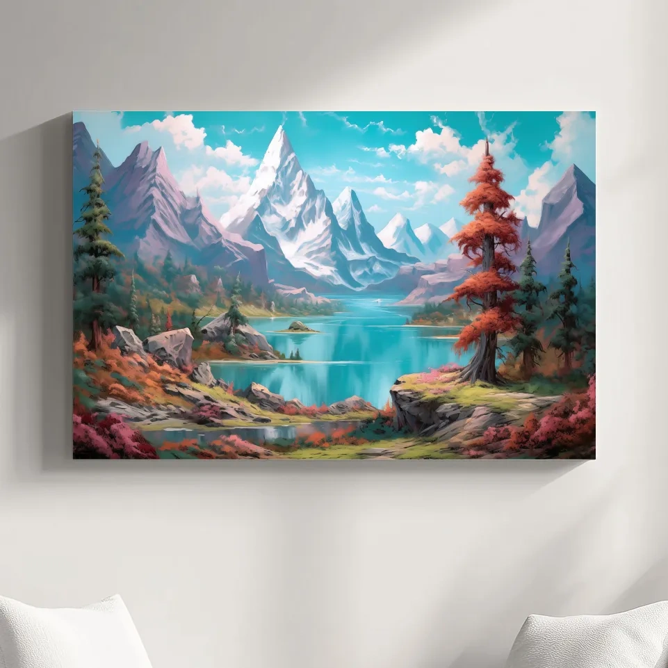 Painting of a surreal alpine mountain landscape
