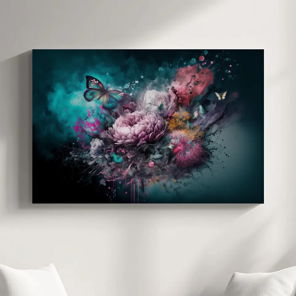 Fantasy floral explosion artwork with butterflies, vibrant abstract wall art