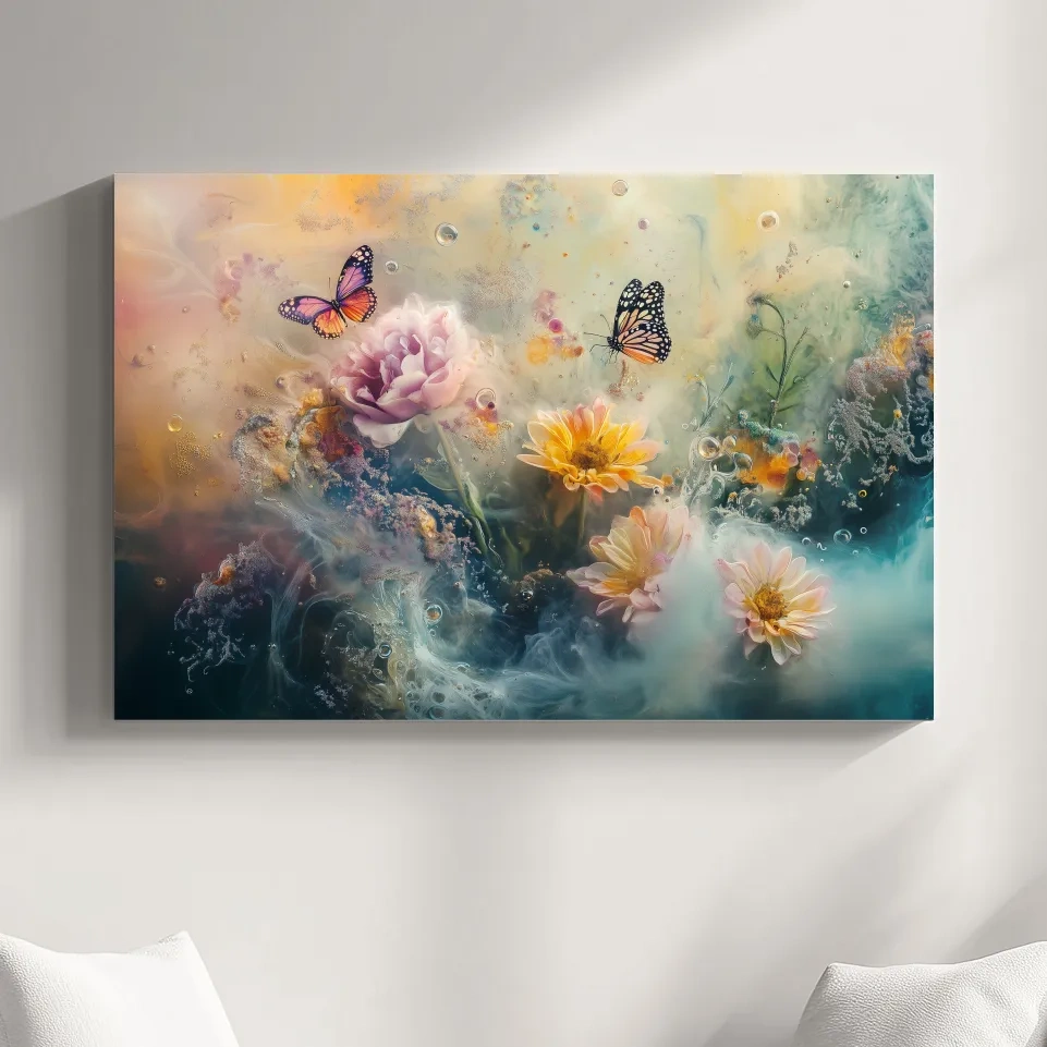 Abstract butterfly and flower wall art painting, dreamy pastel artwork