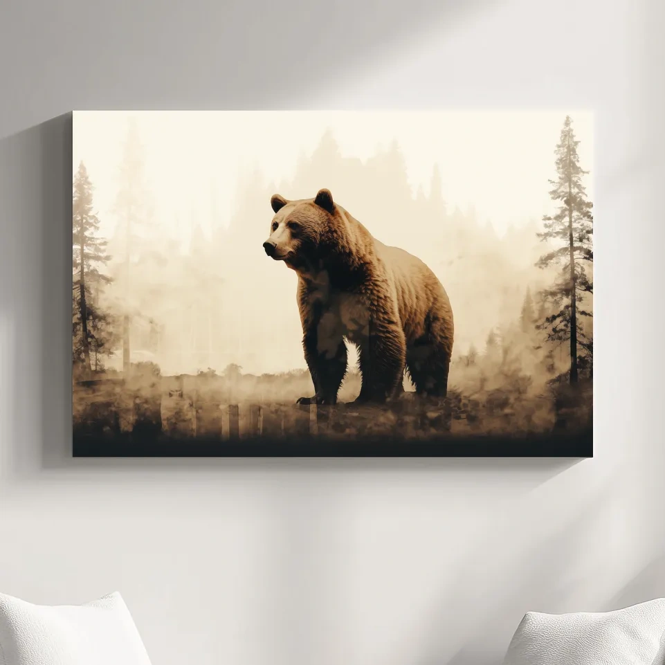 Grizzly bear in the forest, double exposure sepia photography artwork