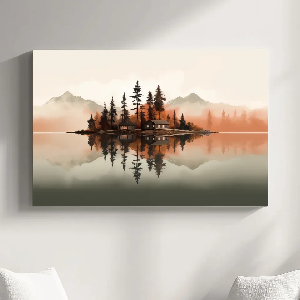 Minimalist art, lakeside cabin amongst the trees
