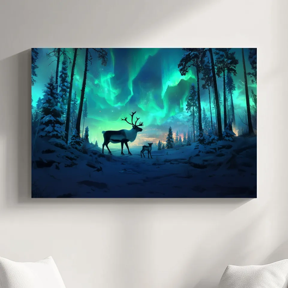 Caribou Buck Under Aurora Borealis Winter Scene - Fantasy Northern Lights Forest Wall Art