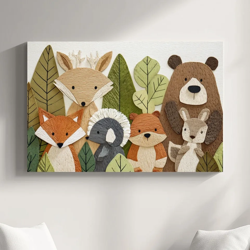 Woodland animal nursery decor, cute forest animal wall art in textured embroidery style