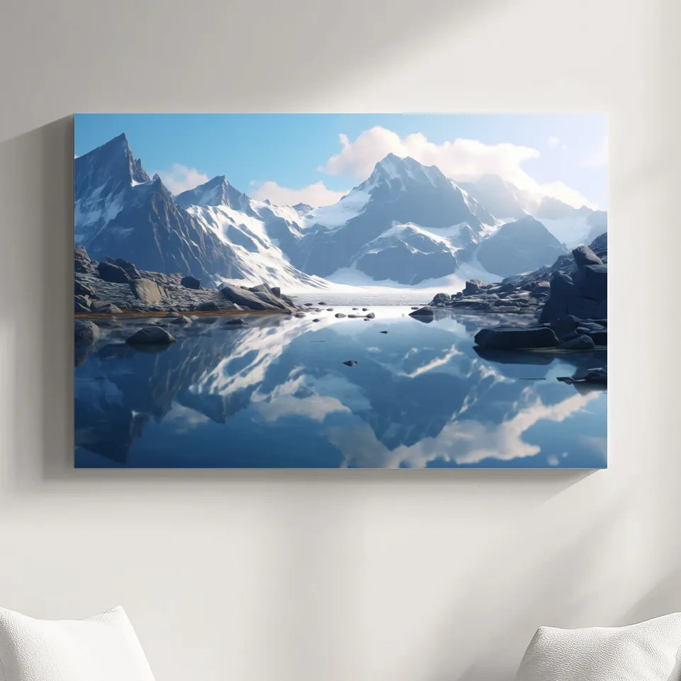 Majestic Snowcapped Mountain Lake Artwork - Serene Alpine Photography Wall Art