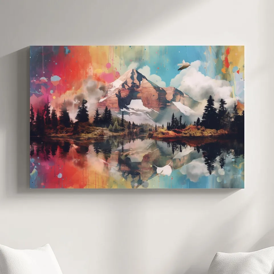Vibrant Abstract Mountain Lake Painting - Colorful Landscape Wall Art