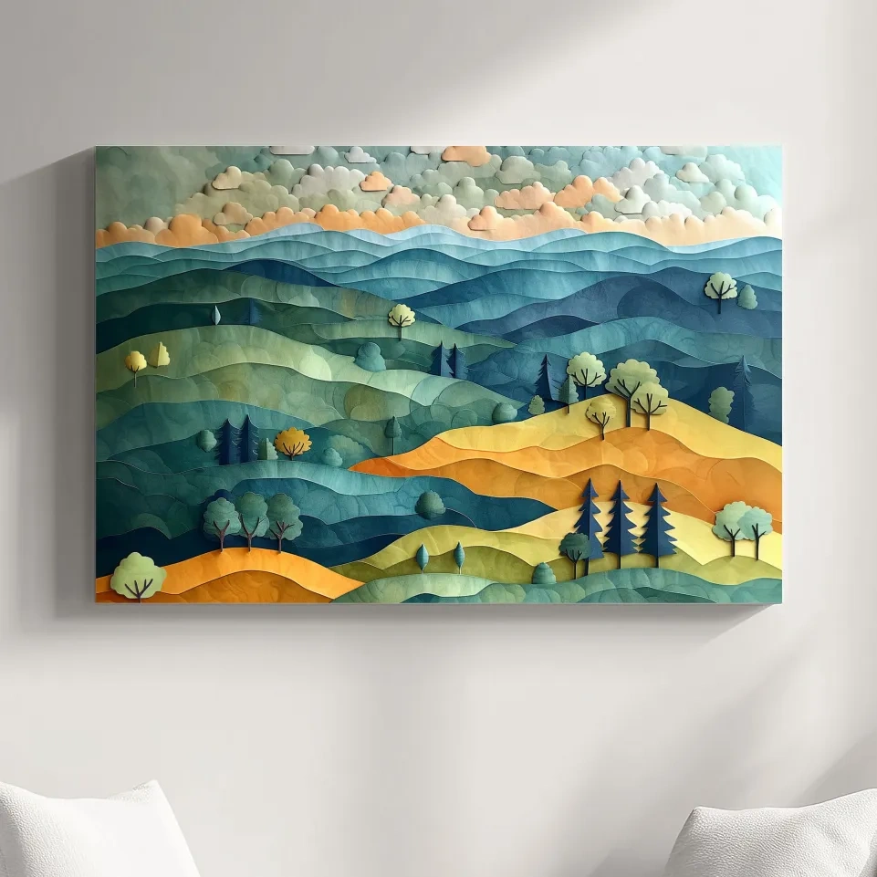 Colorful rolling hills and trees artwork, layered paper cutout effect