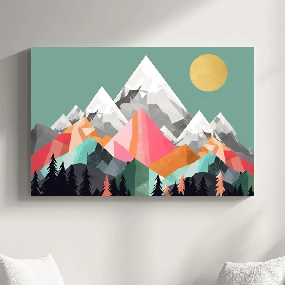 Geometric Abstract 2D Mountain Sunrise Art - Colorful Mid Century Wall Art