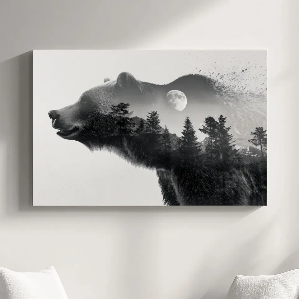 Black And White Grizzly Bear Double Exposure - Moonlit Pine Forest Mountain Wall Art