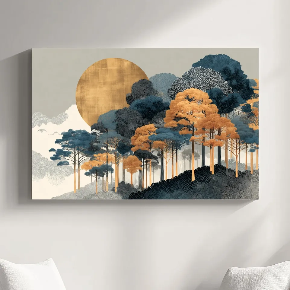 Modern Chic Golden Sun Over Autumn Forest - Elegant Boho Landscape Wall Art
