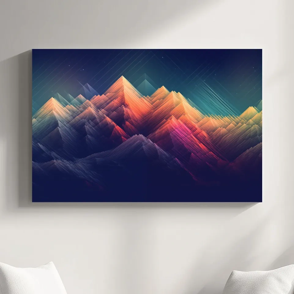 Vibrant Geometric Neon Mountain Peaks - Abstract Alpine Wall Art