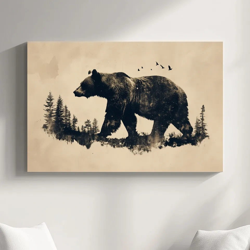Vintage Grizzly Bear Forest Silhouette - Rustic Wildlife Wall Art