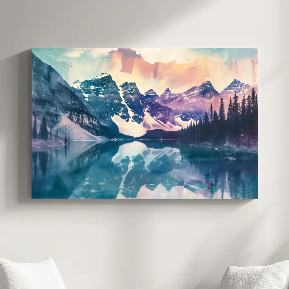 Valley of the Ten Peaks, Moraine Lake Banff. Watercolour painting postcard style mountain artwork