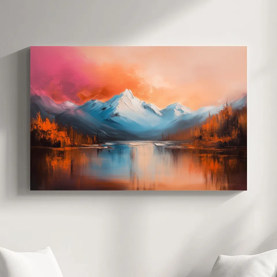 Sunset Mountain Lake Painting - Serene Abstract Landscape Wall Art Print