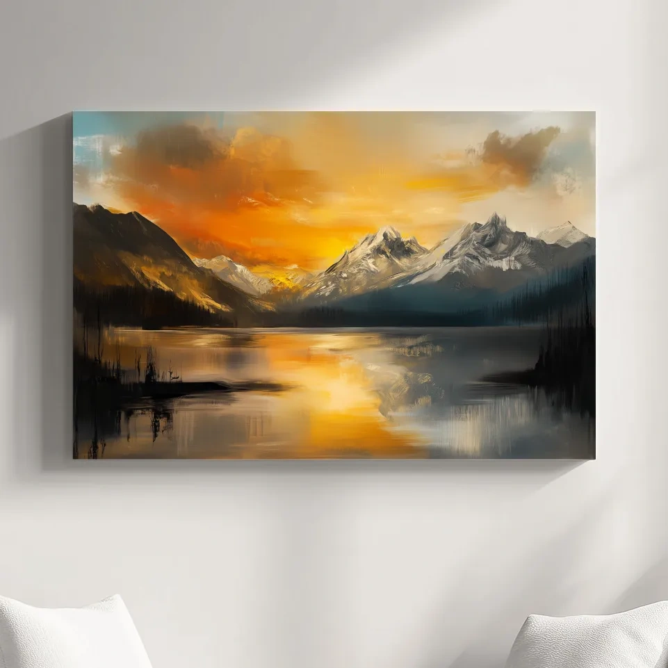 Moody Alpine Mountain Lake Sunset Painting - Oil Painting Style Wall Art