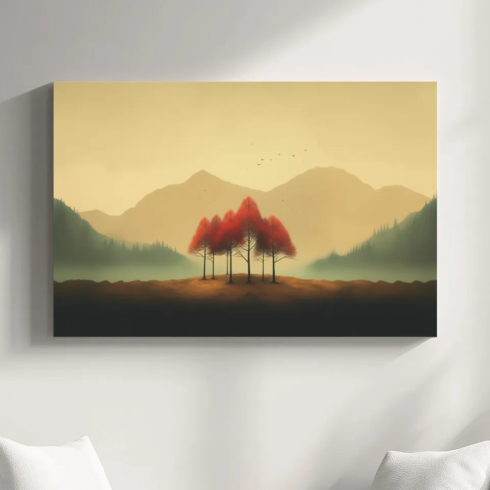 Minimalist Autumn Tree Grove Landscape - Misty Mountain Forest Wall Art