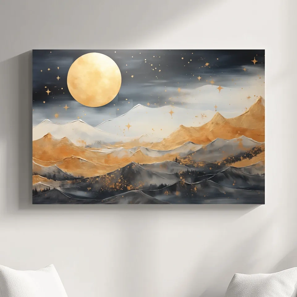 Golden Moonlit Abstract Mountain Landscape - Modern Metallic Watercolor Wall Art