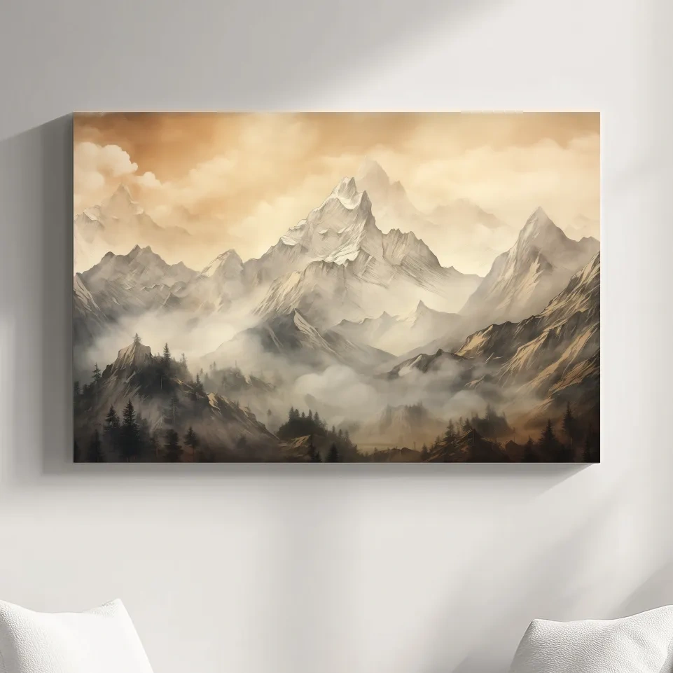 Moody Sepia Misty Mountain Peaks - Atmospheric Alpine Landscape Painting Wall Art