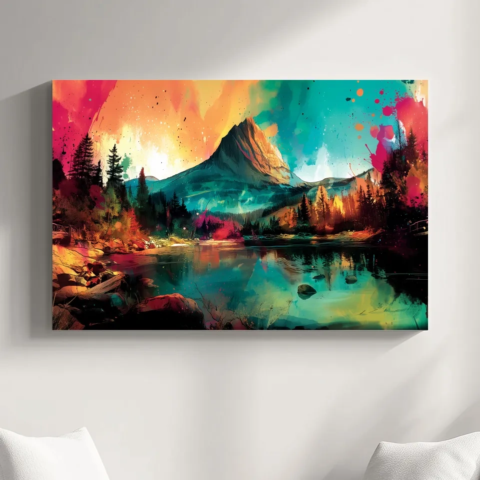 Vibrant Abstract Alpine Mountain Sunrise - Colorful Watercolor Style Artwork