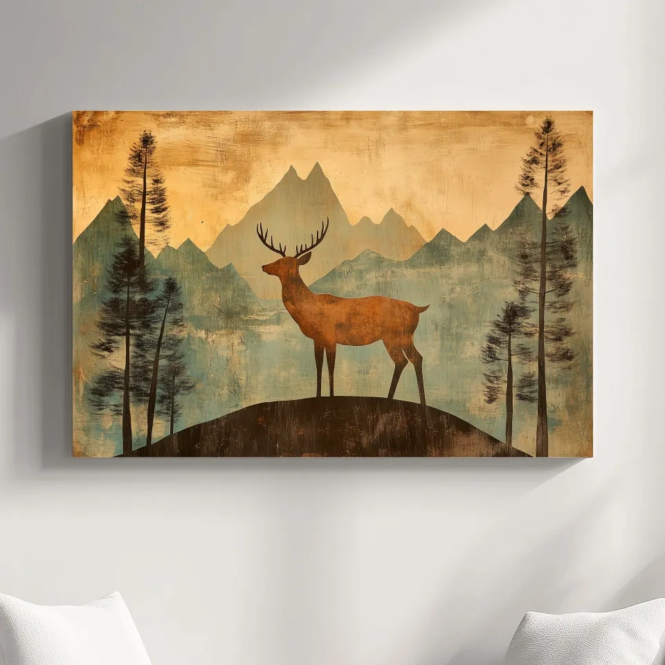Rustic Deer Silhouette Mountain Landscape - Vintage Woodland Wall Art