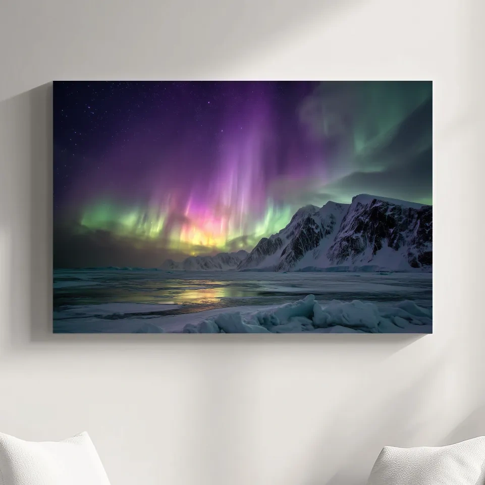 Vibrant Northern Lights Over Snowy Mountains - Aurora Borealis Photographic Night Sky Wall Art