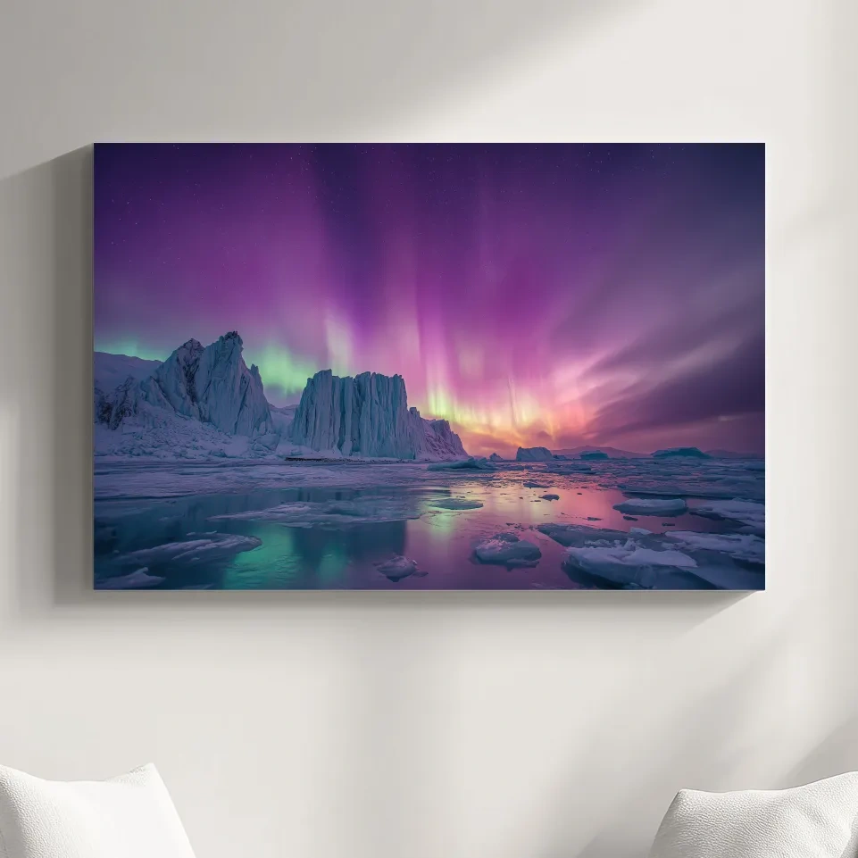 Vibrant Purple Northern Lights Over Arctic Icebergs - Aurora Borealis Landscape Wall Art