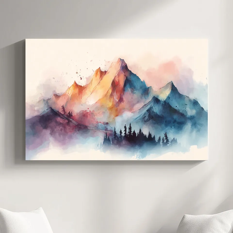 Vibrant Watercolor Mountain Peaks - Colorful Misty Alpine Forest Wall Art